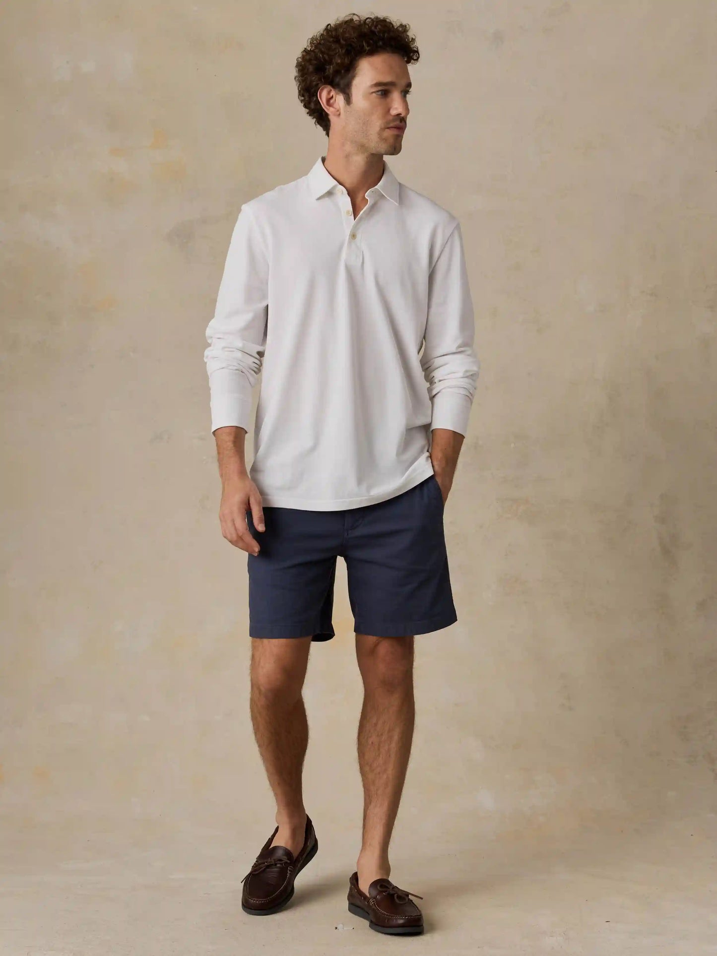 Long-Sleeve Sunwashed Pique Polo - Pure White