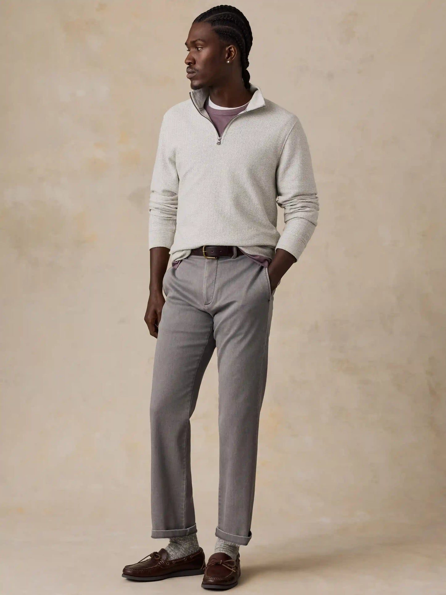 Textured Knit Quarter Zip - Snow Grey Heather