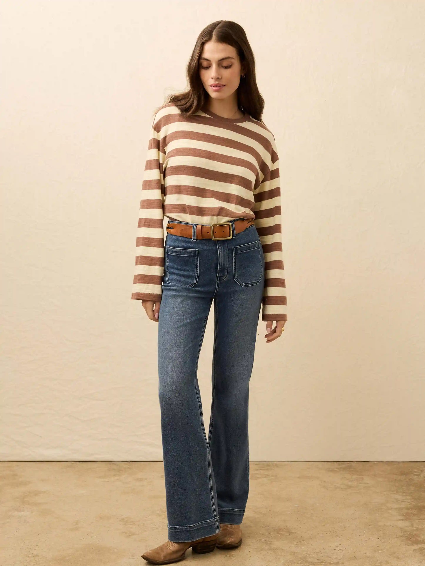 Sunwashed Organic Long-Sleeve Retro Tee - Nutmeg Stripe