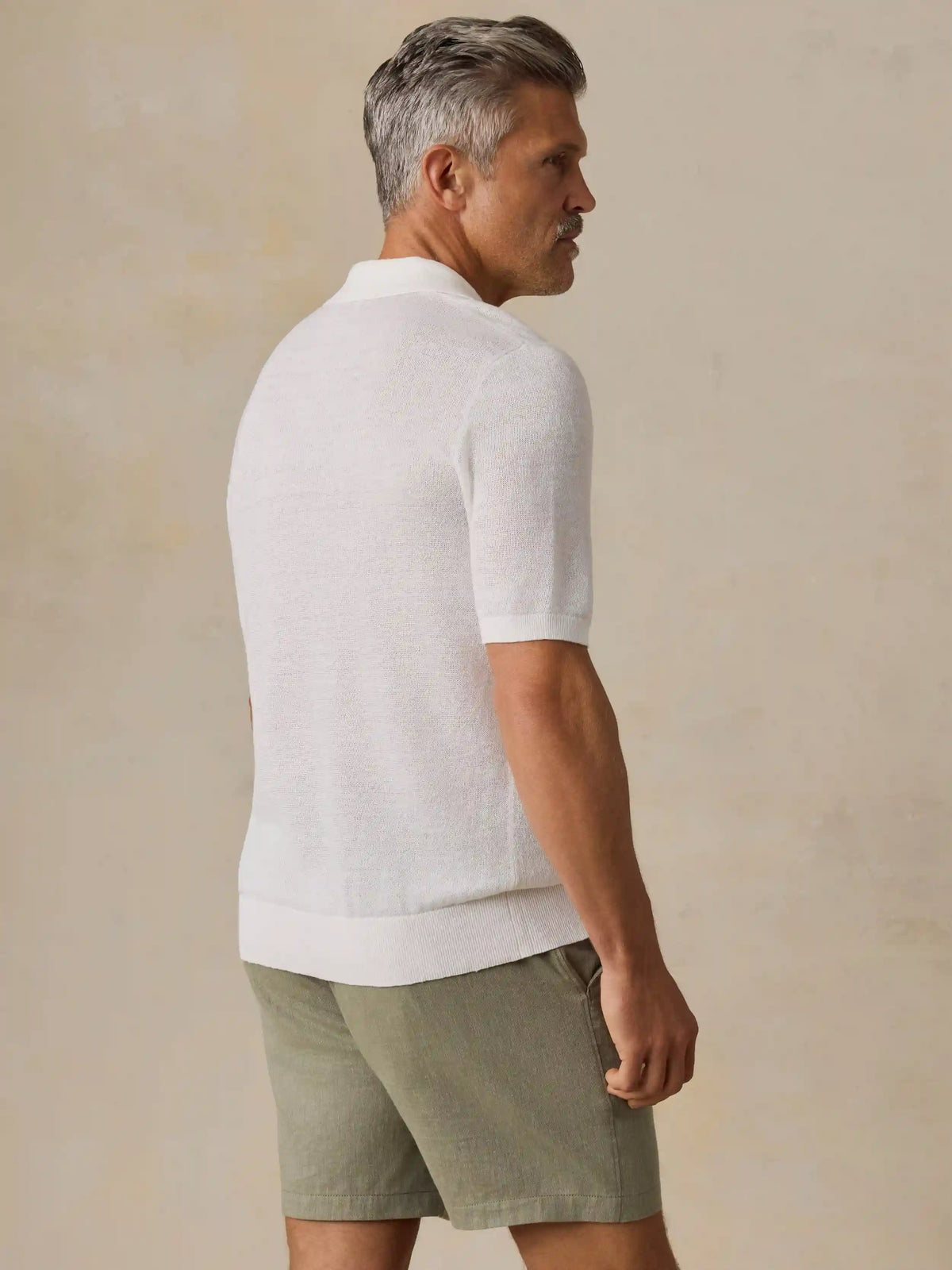 Short-Sleeve Linen Sweater Polo - Pure White