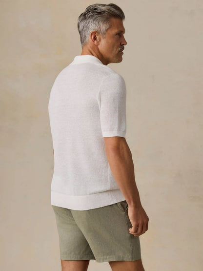 Short-Sleeve Linen Sweater Polo - Pure White