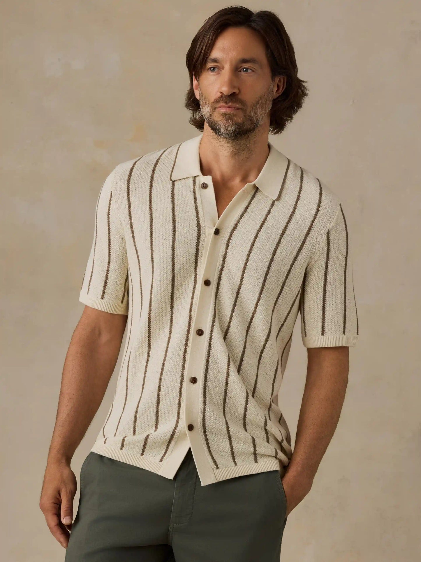 Short-Sleeve Sweater Shirt - Cream Walnut Stripe