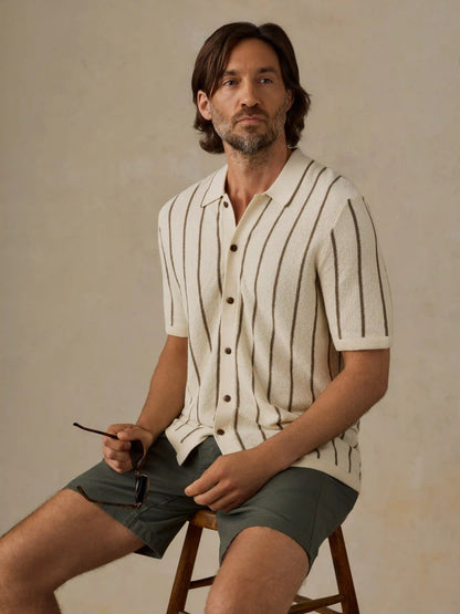 Short-Sleeve Sweater Shirt - Cream Walnut Stripe