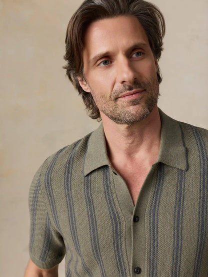 Short-Sleeve Sweater Shirt - Olive Safari Stripe