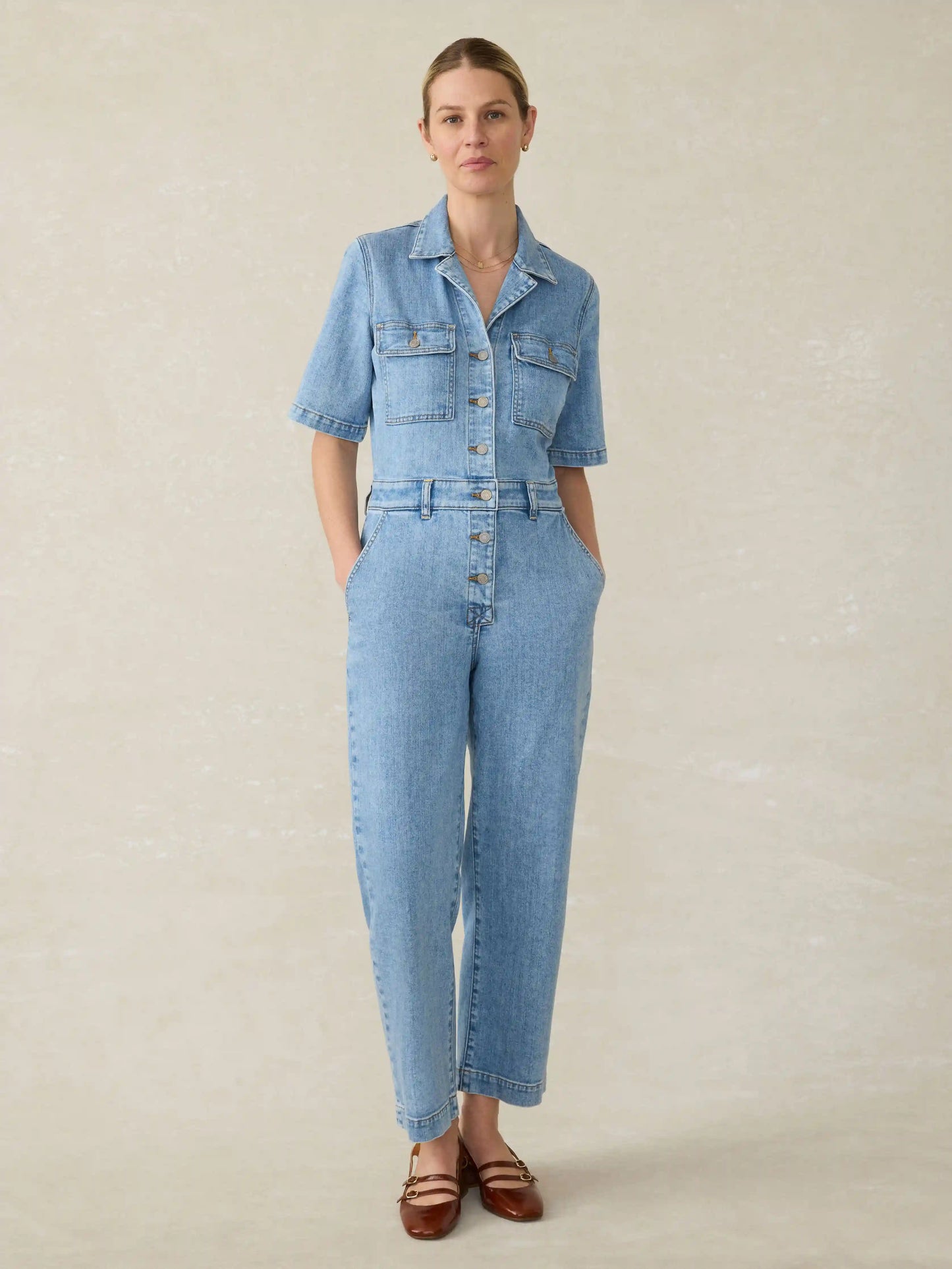 Denim Michelle Short-Sleeve Jumpsuit - Cloudlight Wash