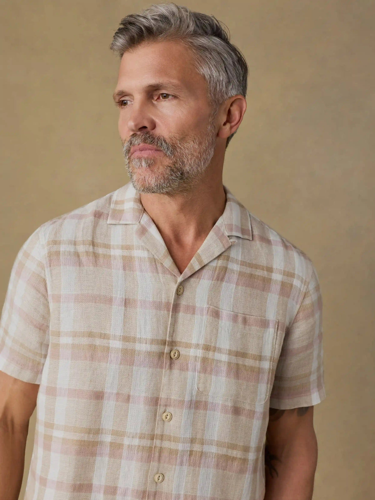 Short-Sleeve Palma Linen Camp Shirt - Mauve Sand Plaid