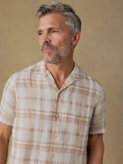 Short-Sleeve Palma Linen Camp Shirt - Mauve Sand Plaid
