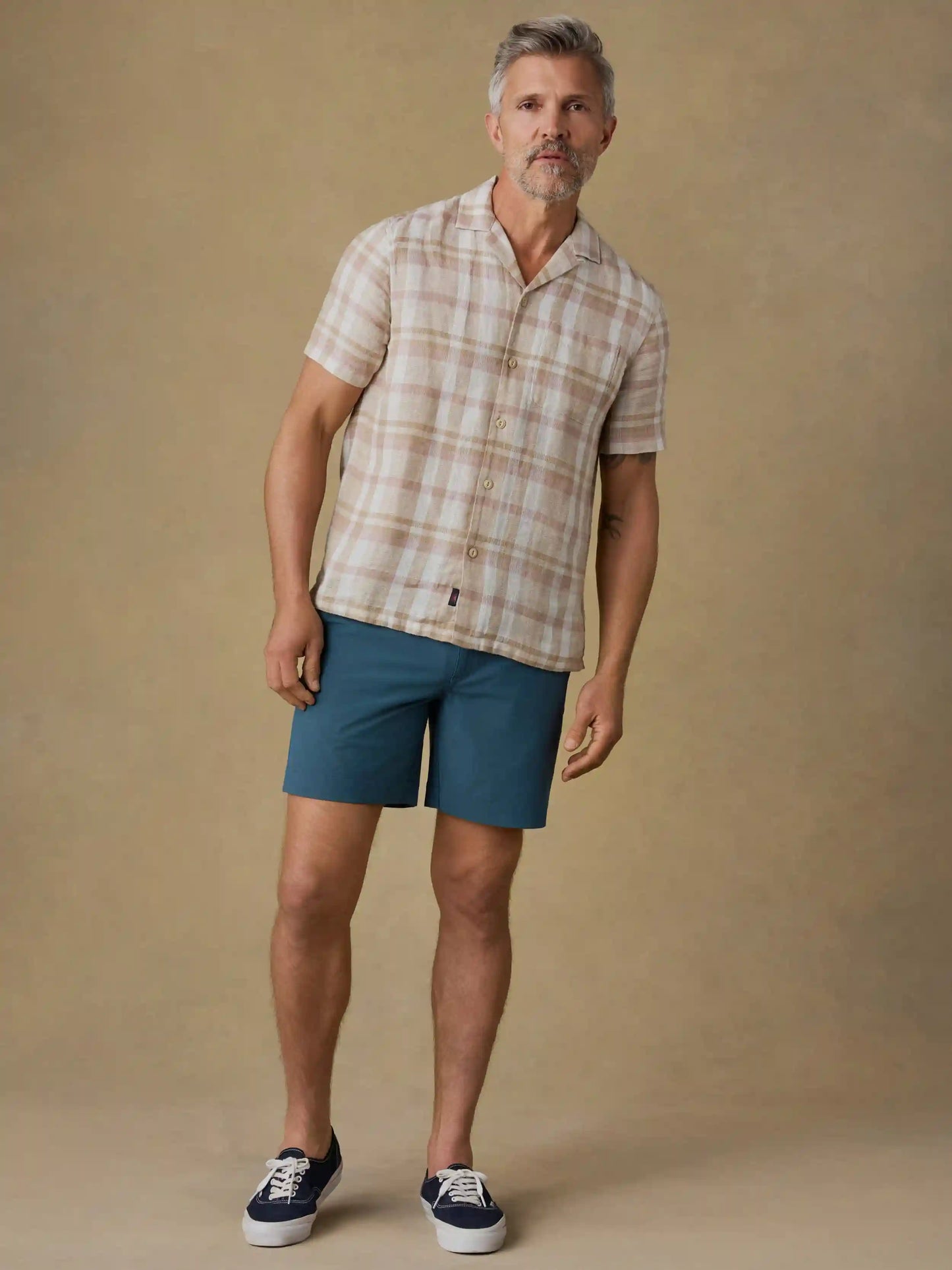 Short-Sleeve Palma Linen Camp Shirt - Mauve Sand Plaid