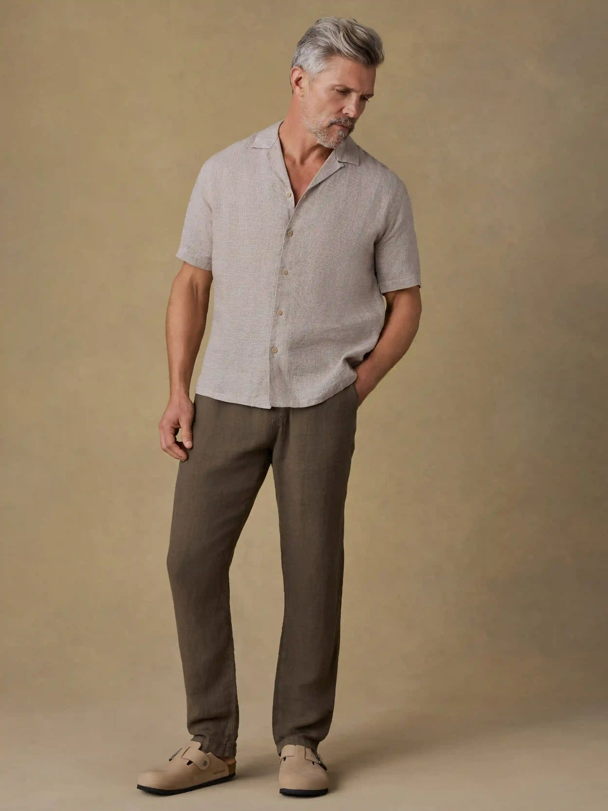 Short-Sleeve Laguna Linen Camp Shirt - Khaki Pincheck