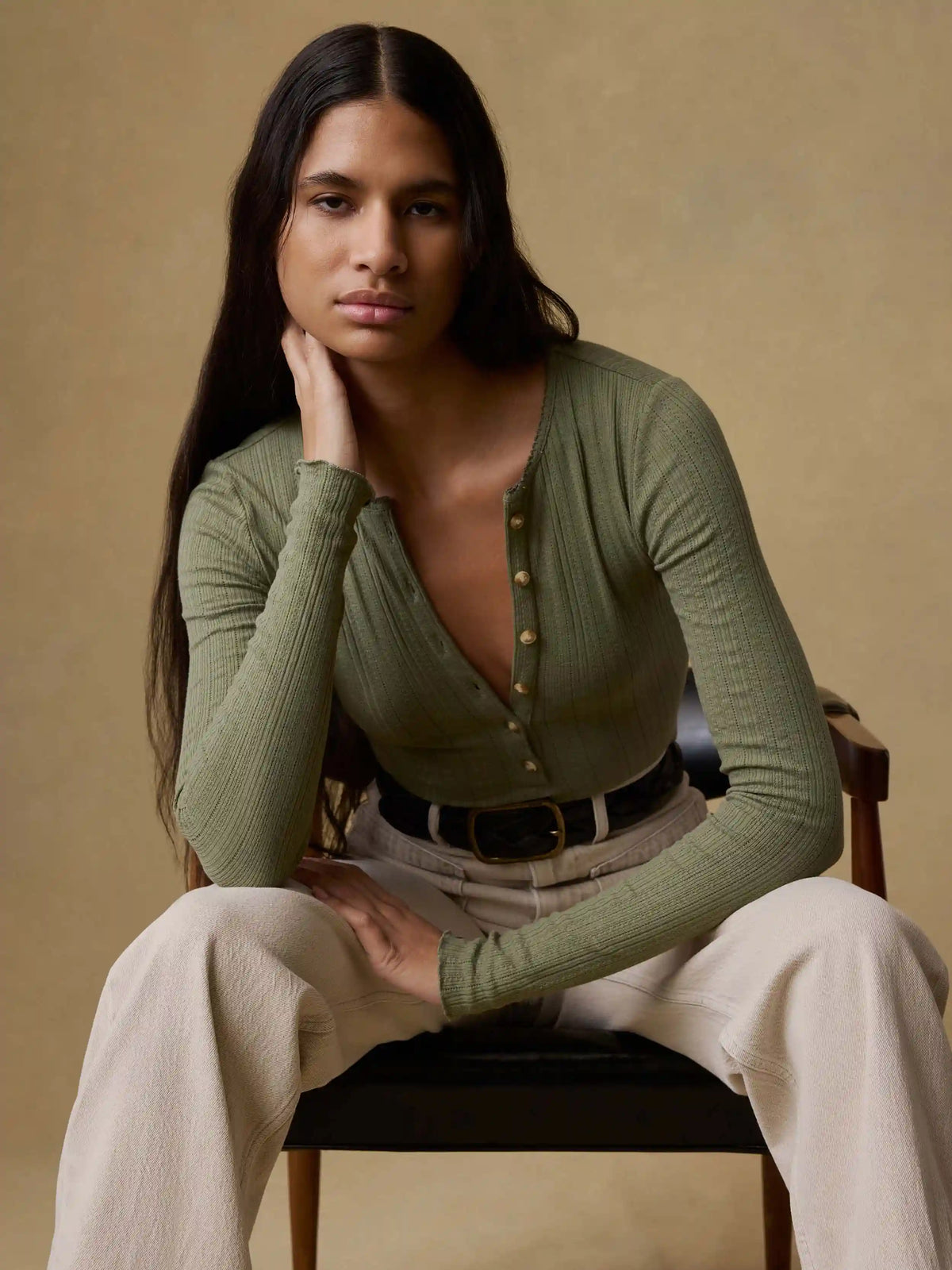 Paradise Pointelle Henley - Island Olive