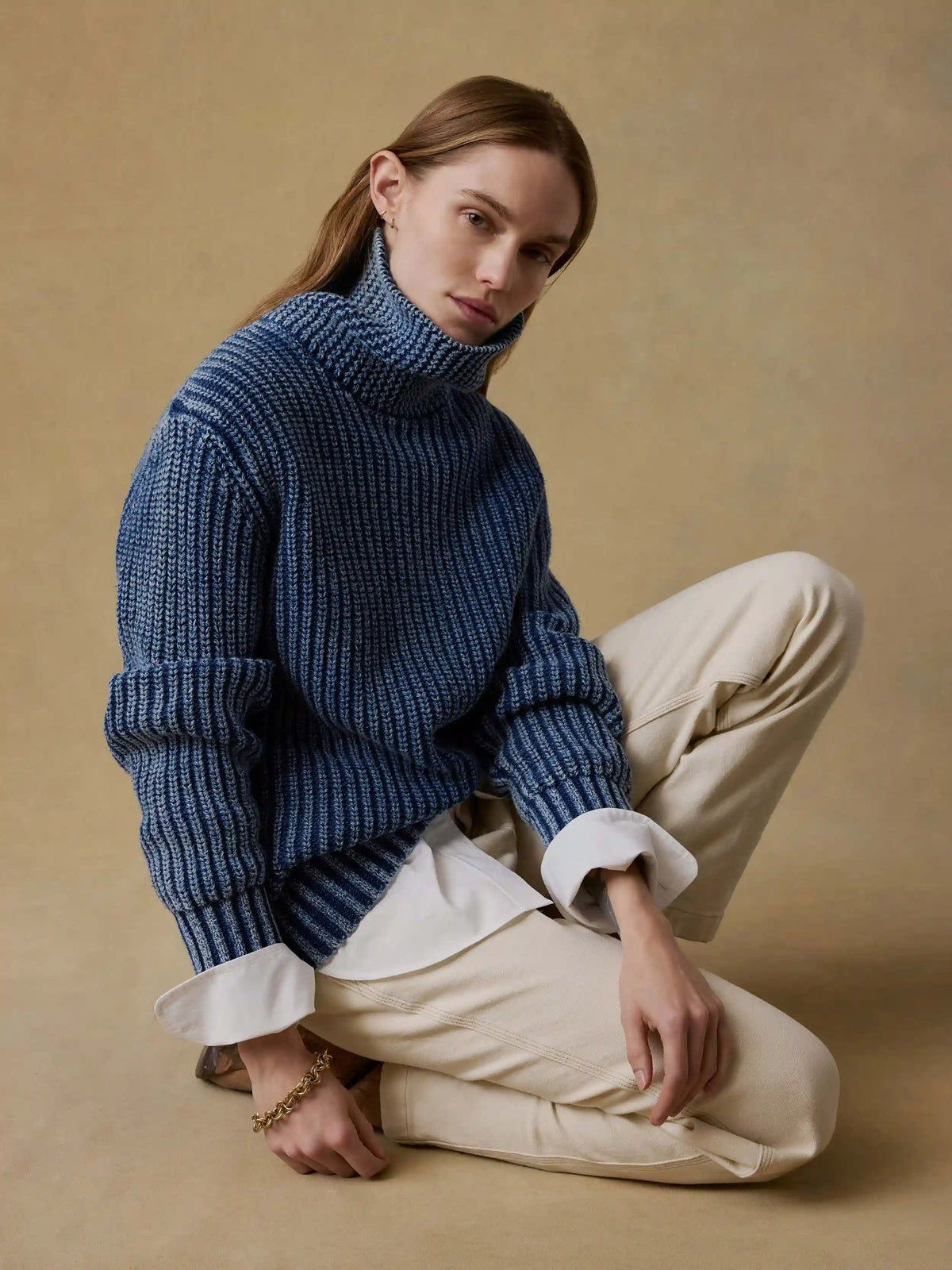 Sunwashed Cotton Oversized Turtleneck Sweater - Windcliff Indigo Wash