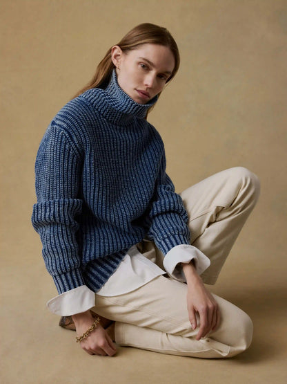 Sunwashed Cotton Oversized Turtleneck Sweater - Windcliff Indigo Wash