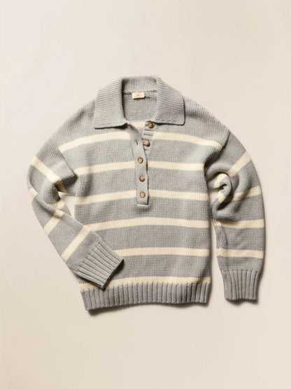 Sunwashed Cotton Polo Sweater - Grey Heather Stripe