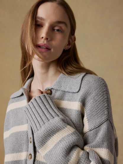 Sunwashed Cotton Polo Sweater - Grey Heather Stripe