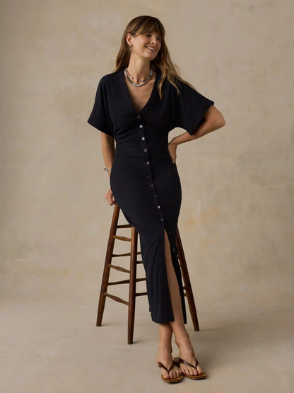 Cotton Hemp Maxi Dress - Black