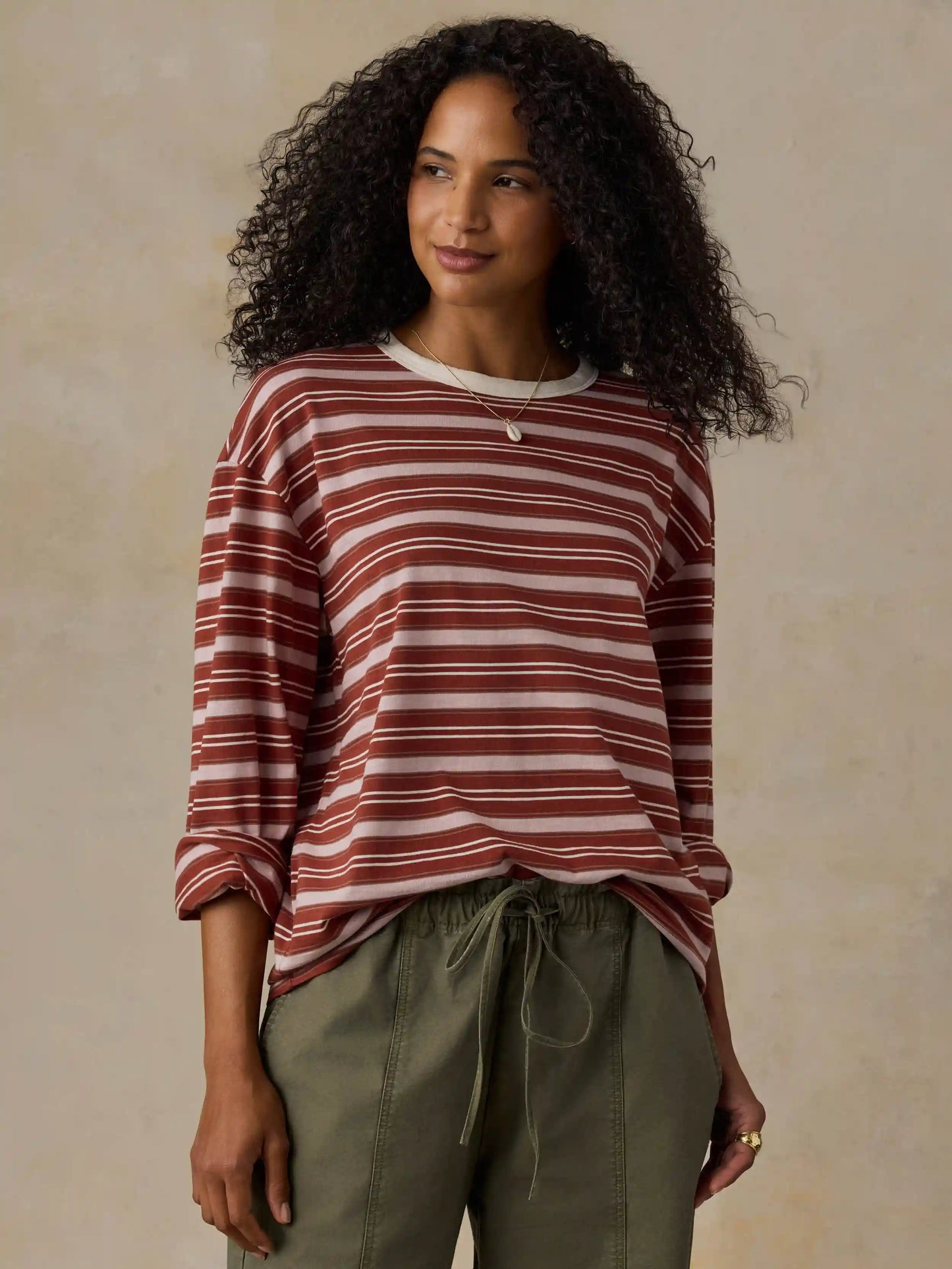 Sunwashed Long-Sleeve Retro Tee - Rosewood Stripe