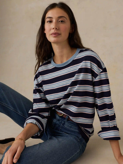 Sunwashed Long-Sleeve Retro Tee - Moonlit Tidal Stripe