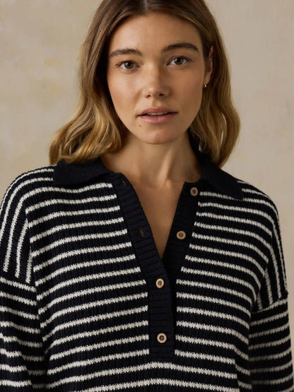 Miramar Linen Relaxed Polo - Black Reef Stripe