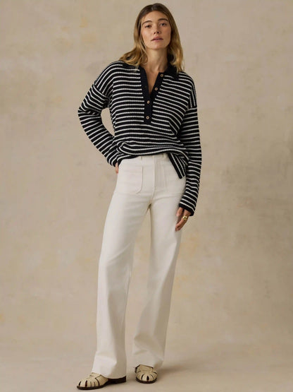 Miramar Linen Relaxed Polo - Black Reef Stripe