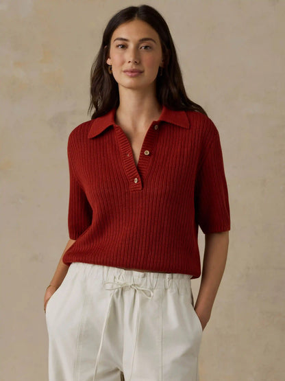 Miramar Linen Short-Sleeve Polo - Red Ochre
