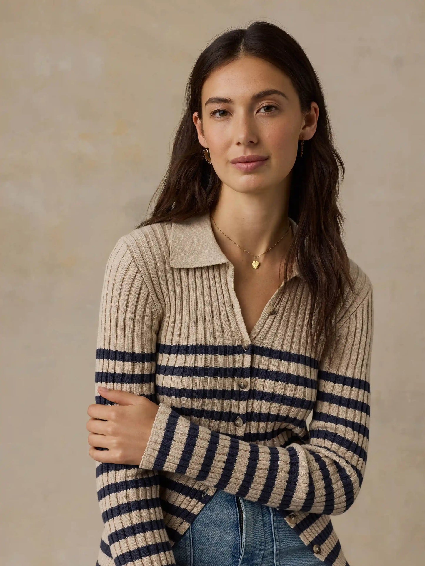 Sunwashed Cotton Ribbed Cardigan - Salted Navy Stripe