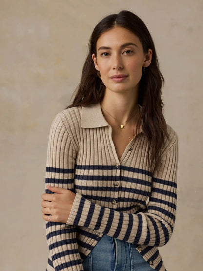 Sunwashed Cotton Ribbed Cardigan - Salted Navy Stripe
