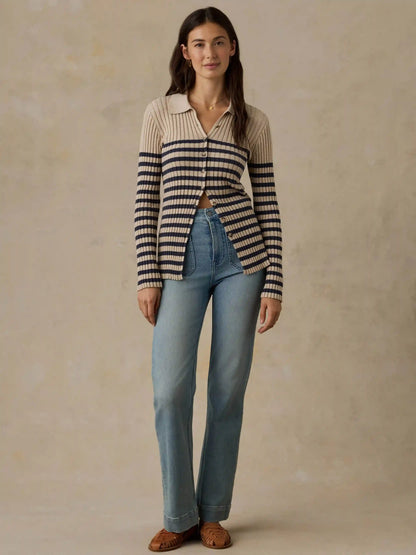 Sunwashed Cotton Ribbed Cardigan - Salted Navy Stripe